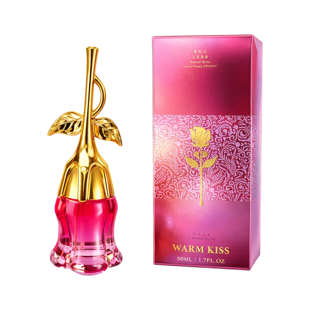 Warm Kiss Crimson Lover perfume in vibrant red-pink rose-shaped bottle and box