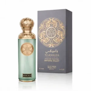 Luxury Warmkiss Imperial Valley perfume 100ml bottle with gold cap and elegant packaging on white background