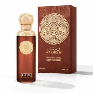 Luxury Warmkiss La Luna perfume 100ml bottle with gold cap and elegant packaging on white background