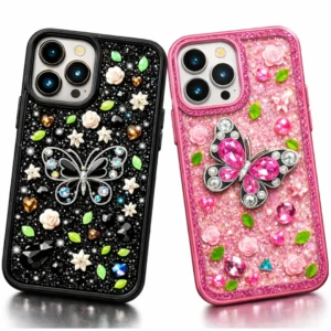 Luxury 3D butterfly glitter iPhone Pro Max case pink and purple rhinestone shockproof cover
