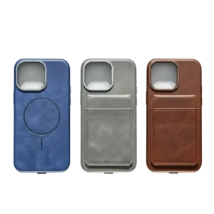 Leather Case with Detachable MagSafe Wallet – Shockproof Luxury Phone Case - Blue, Grey, and Brown variants