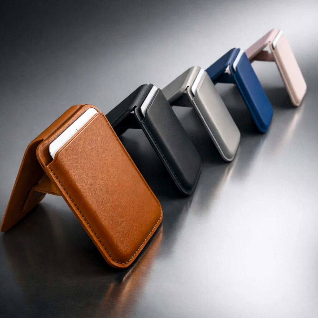 Premium MagSafe leather wallet stand with foldable magnetic phone stand and card holder 5 colours