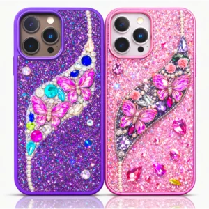 Purple & Pink 3D rhinestone butterfly phone case with glitter crystal design