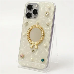 Luxury Pearl Mirror iPhone Case with Gold Bow and Crystal Design