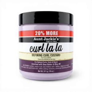 An 18 oz tub of Aunt Jackie's Curl La La Defining Curl Custard enriched with shea butter and olive oil for natural hair textures.