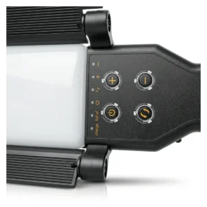 Close-up of the control panel on a black LED photography fill light showing power, brightness, and color temperature adjustment buttons.