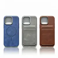 Leather Case with Detachable MagSafe Wallet – Shockproof Luxury Phone Case, Blue, Grey and Brown variants