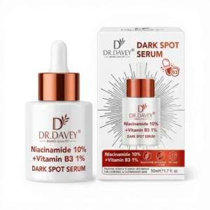"A 50ml bottle and packaging of Dr. Davey Dark Spot Serum containing 10% Niacinamide and 1% Vitamin B3 for skin radiance