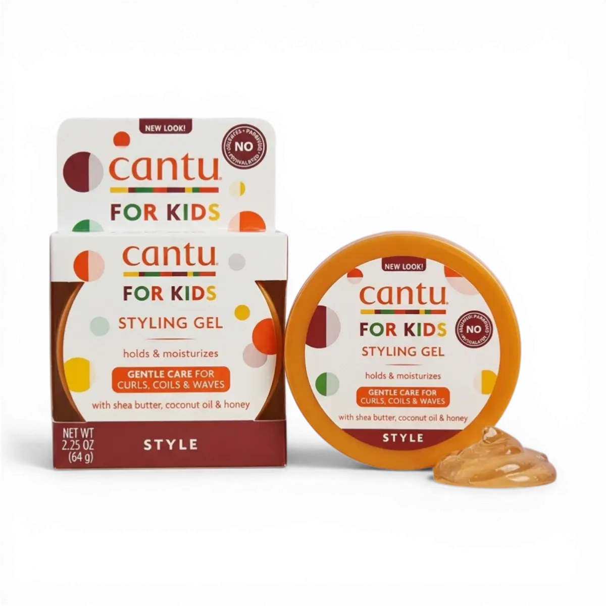 A 2.25 oz jar and box of Cantu for Kids Styling Gel with shea butter, coconut oil, and honey, designed for curls, coils, and waves.