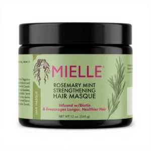 Mielle Rosemary Mint Strengthening Hair Masque with Biotin, 12 oz (340g) tub showing front label and ingredient list.
