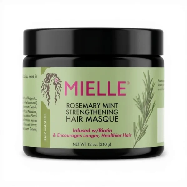 Mielle Rosemary Mint Strengthening Hair Masque with Biotin, 12 oz (340g) tub showing front label and ingredient list.