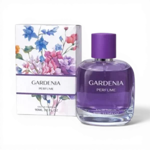 Premium 90ml Gardenia Eau De Parfum featuring a royal purple cap and matching purple liquid in a clear glass spray bottle and flowery package.