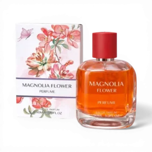 Magnolia Flower Floral Eau De Parfum 90ml spray bottle with a clean white cap and golden-hued floral fragrance liquid.