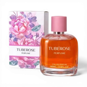 Tuberose Eau De Parfum 90ml featuring a deep orange fragrance liquid and a soft pink cap against a floral gift box.
