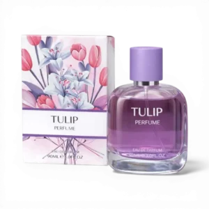 A 90ml glass bottle of Tulip Eau De Parfum with purple liquid and a matching lavender cap, next to a floral-patterned box.