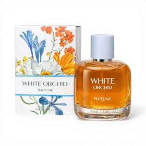 White Orchid Eau De Parfum 90ml spray bottle with a clean white cap and golden-hued floral fragrance liquid.