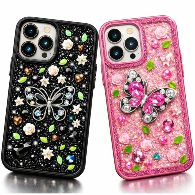 Butterfuly-case.webp Butterfuly case - Luxury Butterfly Glitter iPhone Pro Max Case – Black & Pink Rhinestone Shockproof Cover