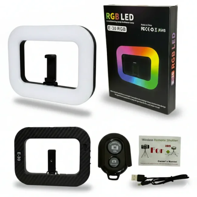 E30-RGB-2.webp E30 RGB 2 - E-30 RGB Rechargeable Handheld LED Fill Light for Smartphone & Video Recording – Adjustable Color Temperature (20W)