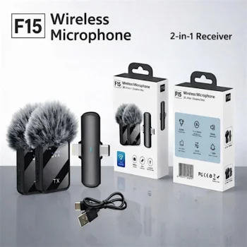 Close-up of the dual F15-2 clip-on microphone transmitters showing side control buttons, status indicators, and sleek black casing.