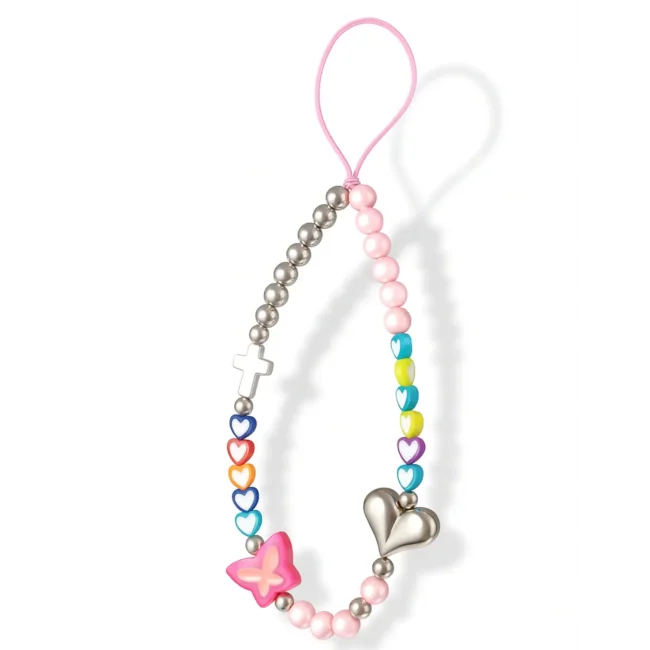 Multi Lanyard 1 - Y2K Rainbow Heart & Butterfly Beaded Phone Charm Wrist Strap – Cute Pearl Beads, Silver Cross, Colorful Lanyard for iPhone, Samsung & Android (Unisex)