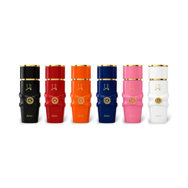 Jaioc Ms Yala Perfume Premium Collection - black, red, orange, blue, pink & white 100ml glass spray bottle with fresh floral oriental fragrance.