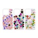 Three luxury rhinestone crystal phone cases featuring heavy gemstone embellishments on clear back covers