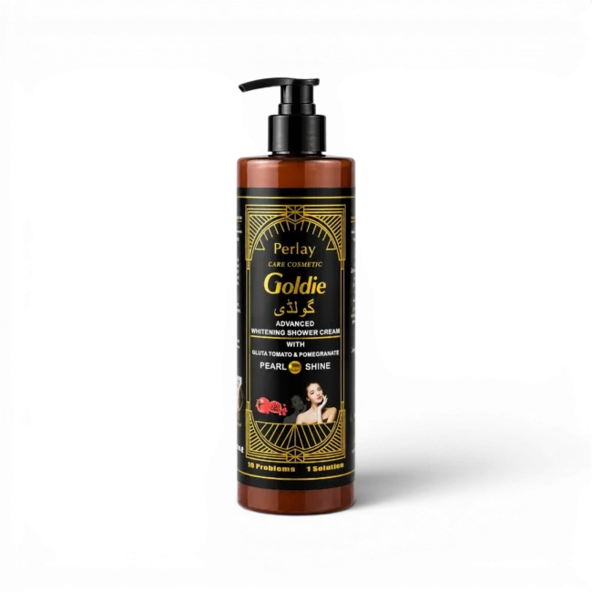 Perlay Goldie Advanced Whitening Shower Cream large amber pump bottle with gold art-deco labeling