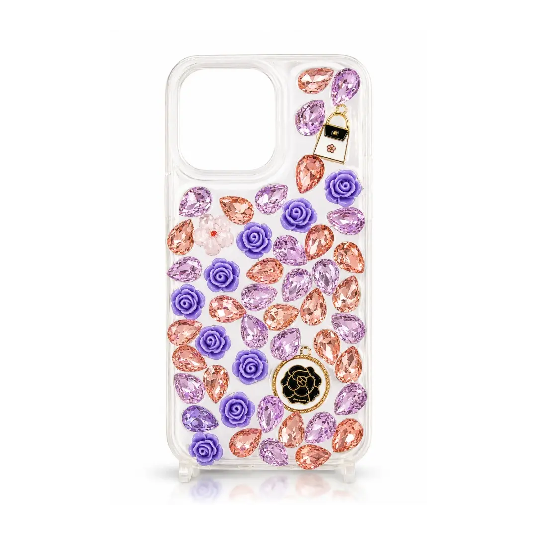 Home 54 Purple Rose & Gold Lock Luxury rhinestone crystal phone cases featuring heavy gemstone embellishments on clear back covers