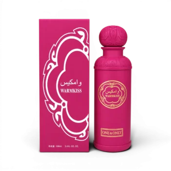 Warmkiss One and Only perfume Pink 100ml bottle standing next to its retail box package