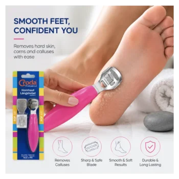 Croda Professional Callus Shaver kit in colorful Pop Art retail packaging featuring a pink handle tool, rasp head, and blades.