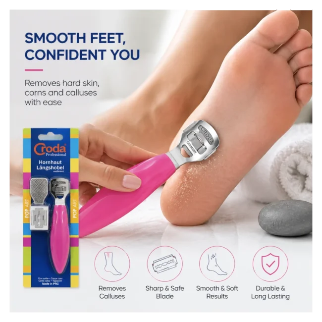 croda-professional-callus-shaver-application Croda Professional Callus Shaver kit in colorful Pop Art retail packaging featuring a pink handle tool, rasp head, and blades.