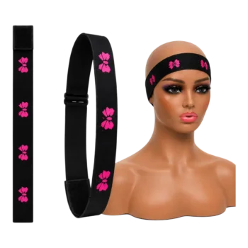 An elastic wig melting band with hot pink bow graphics held over a mannequin head with a wig cap n use on a mannequin