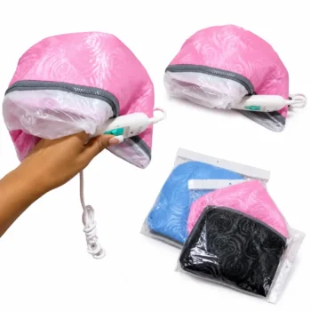 An electric hair steamer cap collection in pink, blue, and black displaying its adjustable cord switch and rose fabric pattern.