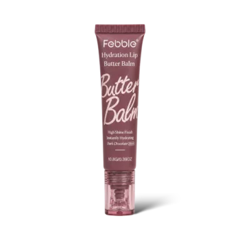 Glossy color swatches on skin displaying the tinted high-shine finish of Febble Lip Butter Balms - Chocolate