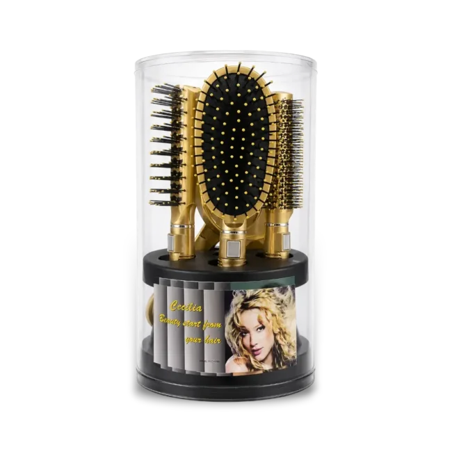 gold-hair-brush-set A premium gold hair brush set with a black display stand on a vanity table