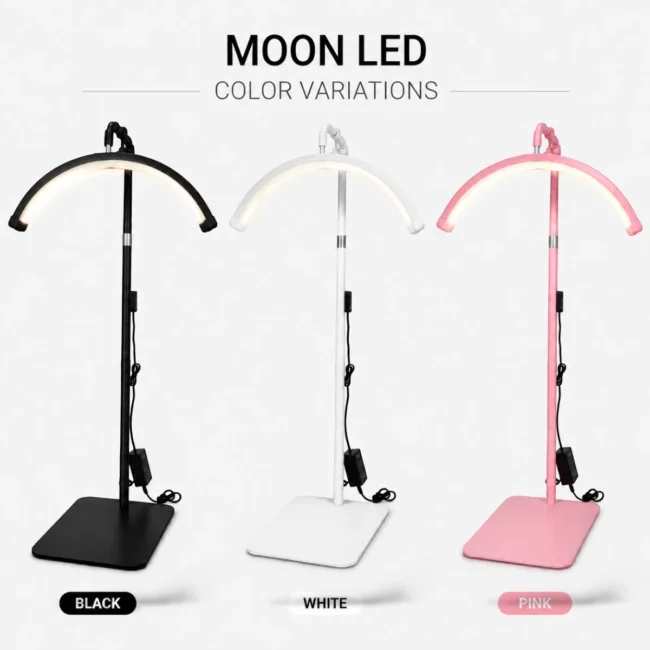 half-moon-led-lash-lamp A 3 color variation of 23 inch Half Moon LED Lash Lamp standing upright on a flat rectangular base.
