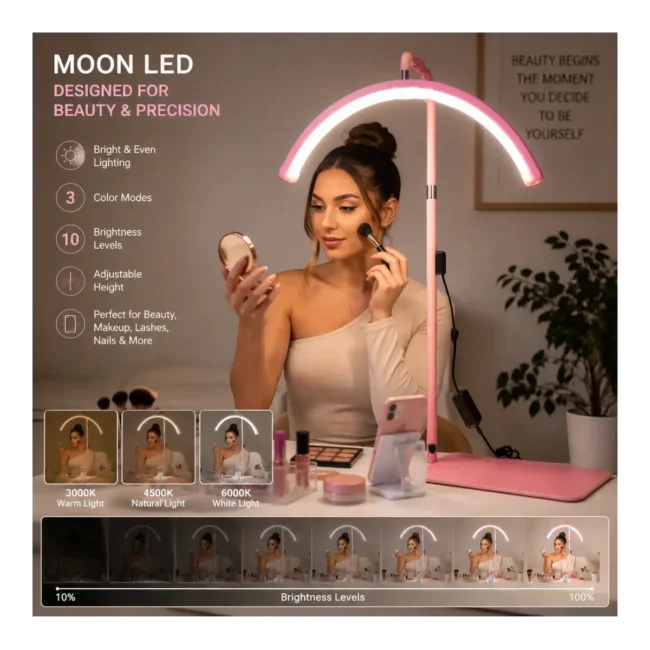 half-moon-led-lash-lamp-application-pink An application pink 23 inch Half Moon LED Lash Lamp standing upright on a flat rectangular base.