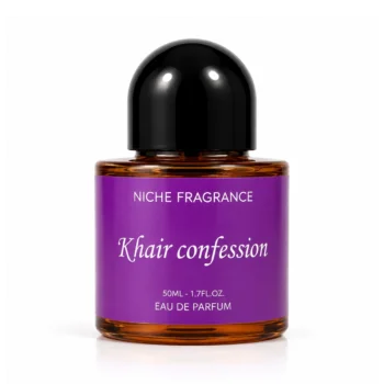 Khair Confession Niche Fragrance 50ml bottle showing a purple label and black cap bottle.