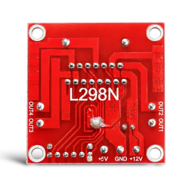 l298n-motor-driver-module-pinout-back-view Close-up schematic layout of the L298N Motor Driver Module pins including the 5V, GND, and 12V power inputs Back view