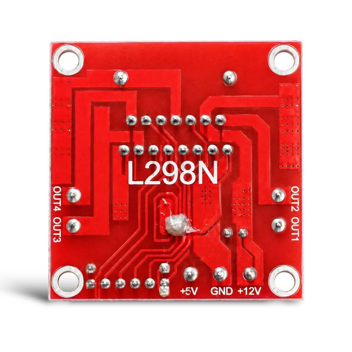 Home 52 Close-up schematic layout of the L298N Motor Driver Module pins including the 5V, GND, and 12V power inputs Back view