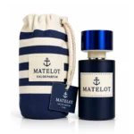 Matelot Eau De Parfum - Luxury Marine Men's Fragrance with Pouch 2 Matelot Eau De Parfum bottle next to its signature blue and white striped nautical canvas travel pouch.