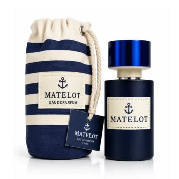Matelot Eau De Parfum bottle next to its signature blue and white striped nautical canvas travel pouch.