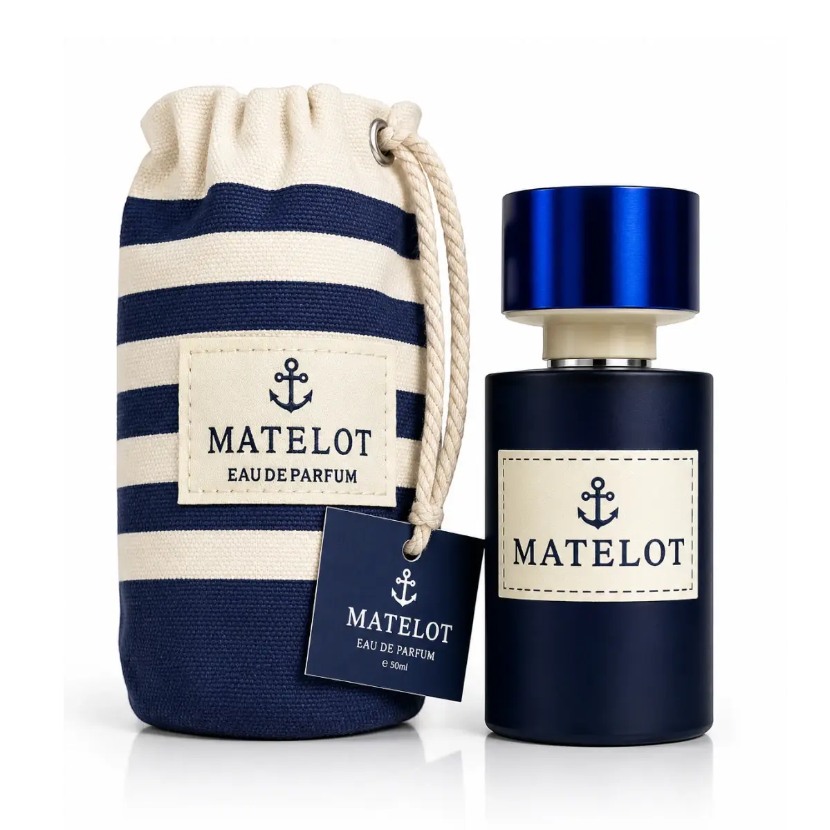 Home 45 Matelot Eau De Parfum bottle next to its signature blue and white striped nautical canvas travel pouch.