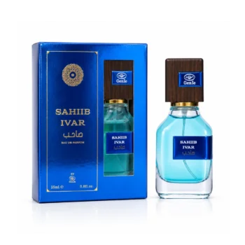 Close-up showing the textured wood-grain styling of the cap on the Sahiib Ivar Genie Perfume bottle.