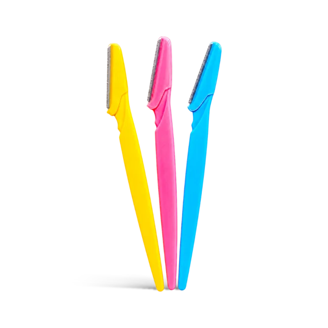 Tinkle Eyebrow Razor card packaging showing three colorful personal grooming shapers in yellow, pink, and blue.