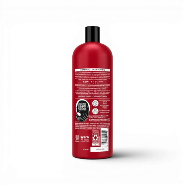 tresemme-keratin-smooth-weightless-shampoo-back-view A 28 ounce red bottle of TRESemme Keratin Smooth Weightless Shampoo showing the Back label