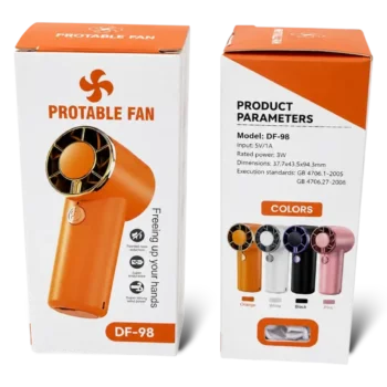 Home 27 Front and side packaging views of the Protable Fan DF-98 Handheld Mini Fan displaying its orange casing, parameters list, and four available colors.
