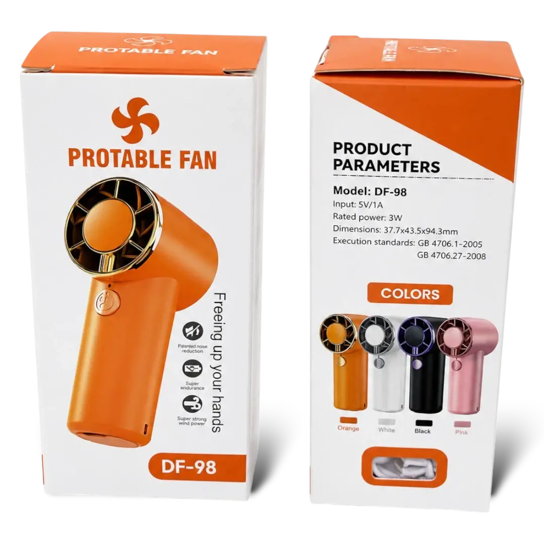 Home 55 Front and side packaging views of the Protable Fan DF-98 Handheld Mini Fan displaying its orange casing, parameters list, and four available colors.