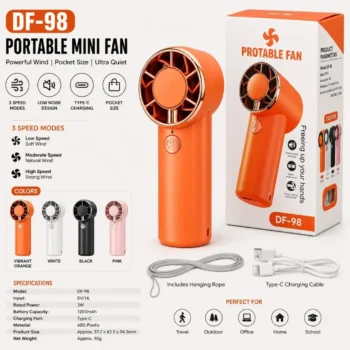 Home 28 Front and side packaging views of the Protable Fan DF-98 Handheld Mini Fan displaying its orange casing, parameters list, and four available colors.