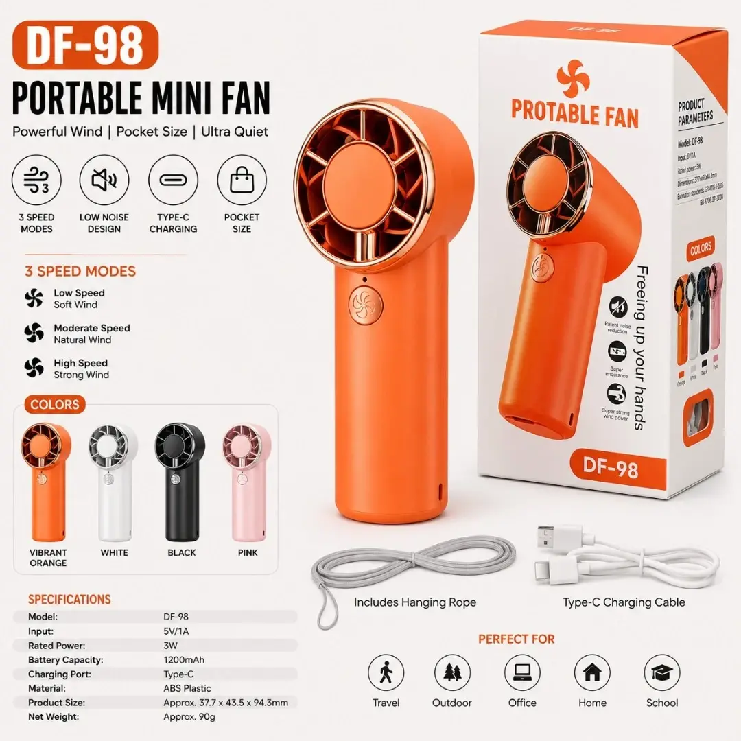 Home 56 Front and side packaging views of the Protable Fan DF-98 Handheld Mini Fan displaying its orange casing, parameters list, and four available colors.